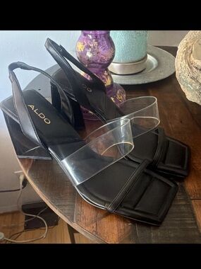 ALDO Black/Clear Strappy Ankle Strap Block Heel Sandals Square Toe US 8.5